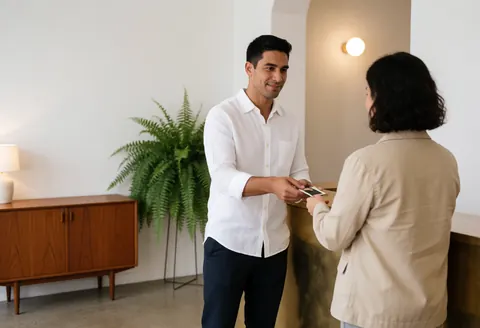 A hotel receptionist hands a room key to a guest in a modern lobby featuring wooden furniture and green plants.