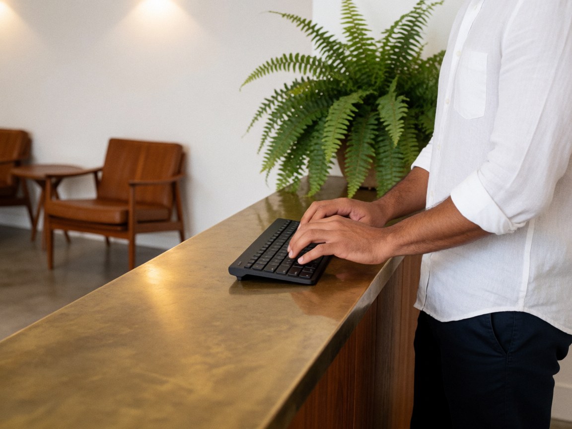 A man working at a sleek hotel reception desk with a black keyboard, green plant, and modern wood and bronze furniture in a clean, elegant interior.