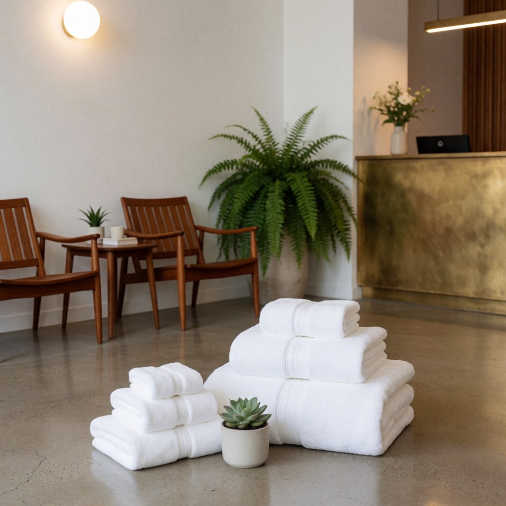 A collection of white towels and a potted plant are visible in a modern hotel lobby featuring wooden flooring and contemporary furniture.