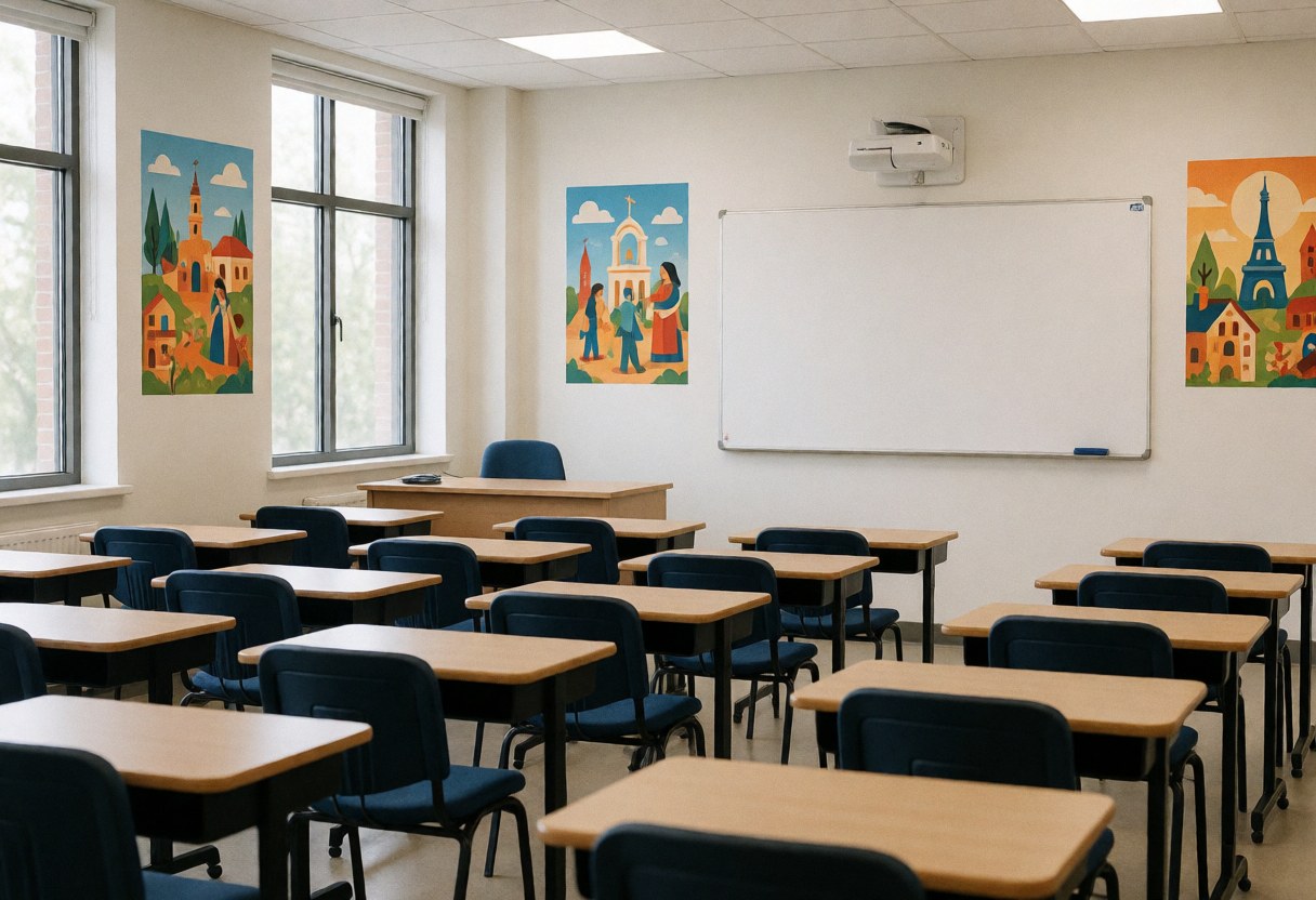 An empty language school classroom featuring rows of desks and chairs, a whiteboard, posters on the walls, and natural light coming through the windows, ideal for language school storefront and interior marketing.