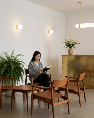 A woman reads a book on a wooden chair in a modern hotel lobby with white walls, plants, and warm lighting.
