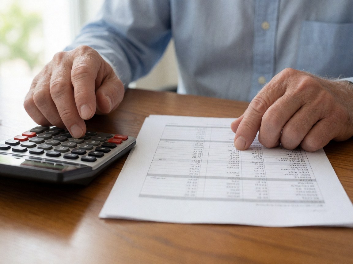 Close-up view of hands holding and reviewing financial documents and a calculator on a wooden office desk