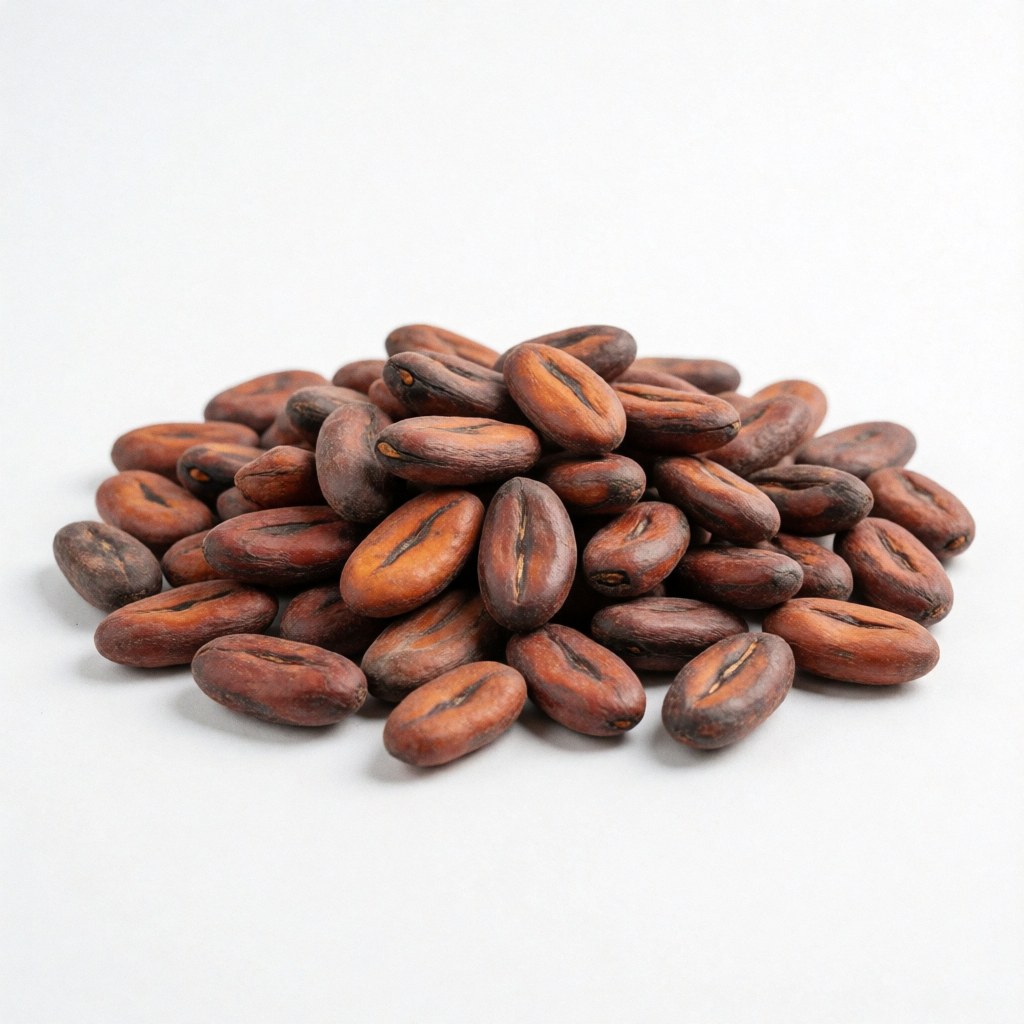 A close-up view of raw, unprocessed cacao beans scattered on a clean white surface, ideal for coffee and cacao farm product imagery.