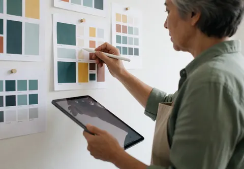 A marketing designer uses a stylus on a tablet to choose brand colors, with color palettes displayed on the studio wall.