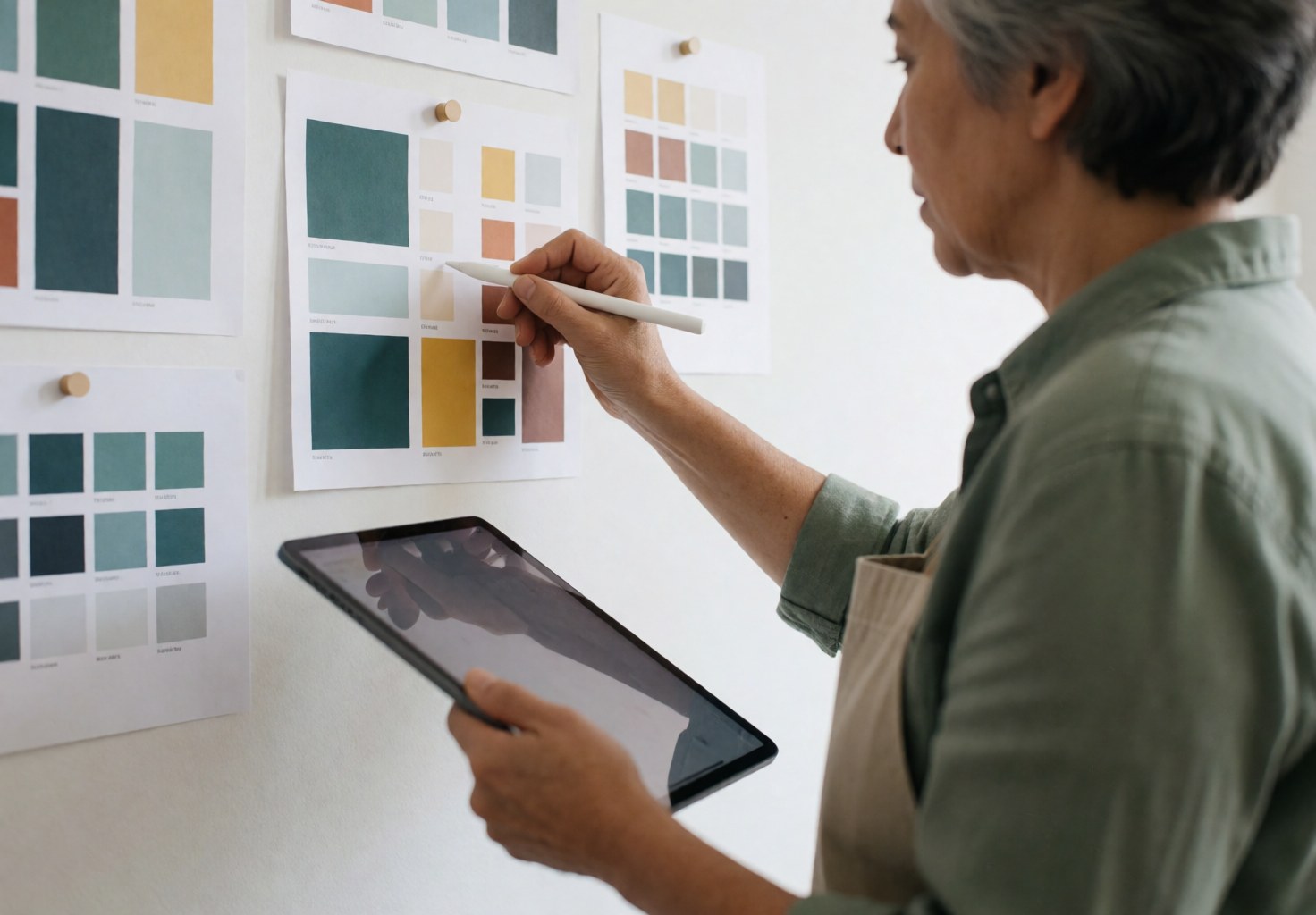 A marketing designer uses a stylus on a tablet to choose brand colors, with color palettes displayed on the studio wall.