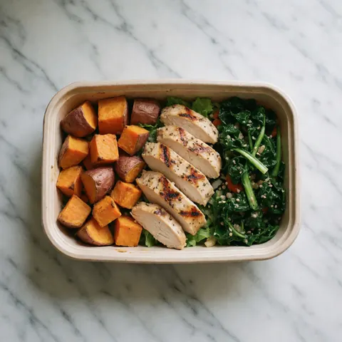 Healthy meal plate featuring roasted chicken, boiled potatoes, and green vegetables in a bowl on white marble, ideal for nutrition and wellness.