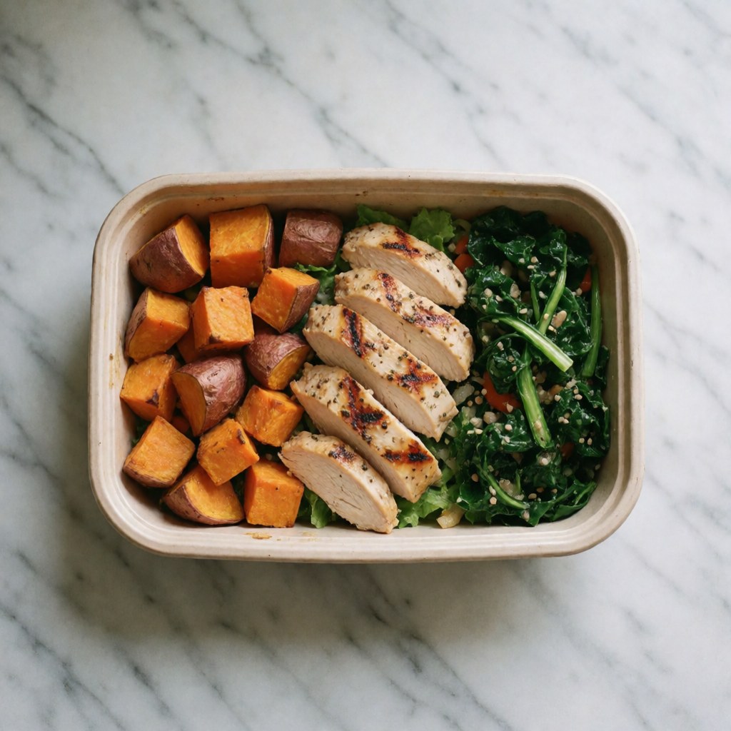 Healthy meal plate featuring roasted chicken, boiled potatoes, and green vegetables in a bowl on white marble, ideal for nutrition and wellness.
