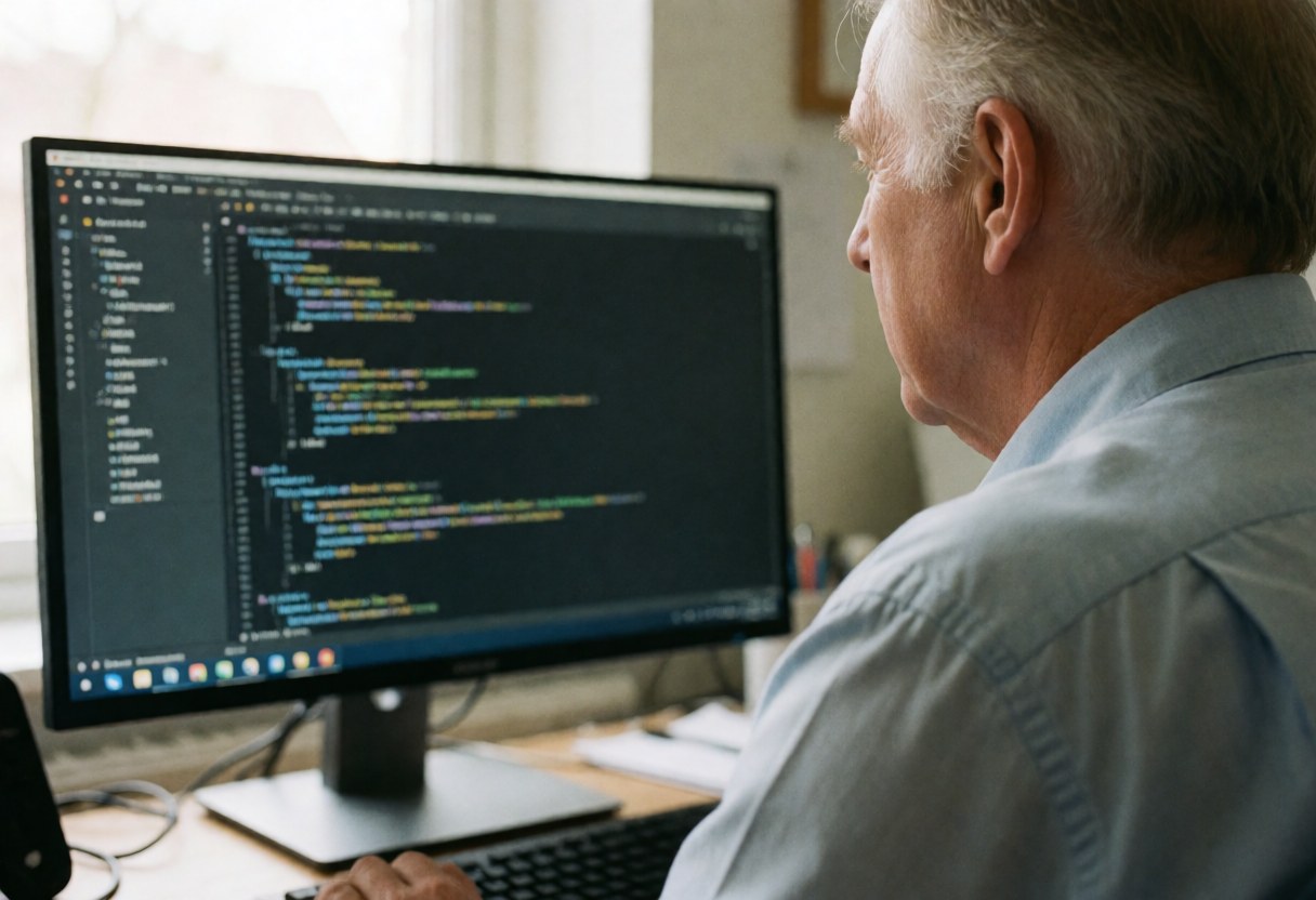A man reviews code on a computer monitor in a bright office with natural light from a window, focused on professional software development work.