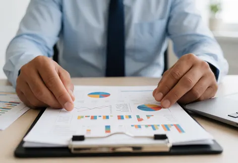 A professional man reviews financial charts and documents on a tidy office desk with a computer, illustrating banking and business analysis.