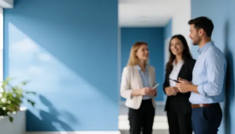 A blurred view of a modern office corridor featuring blue walls and natural light, creating a professional background for business and human resources content.