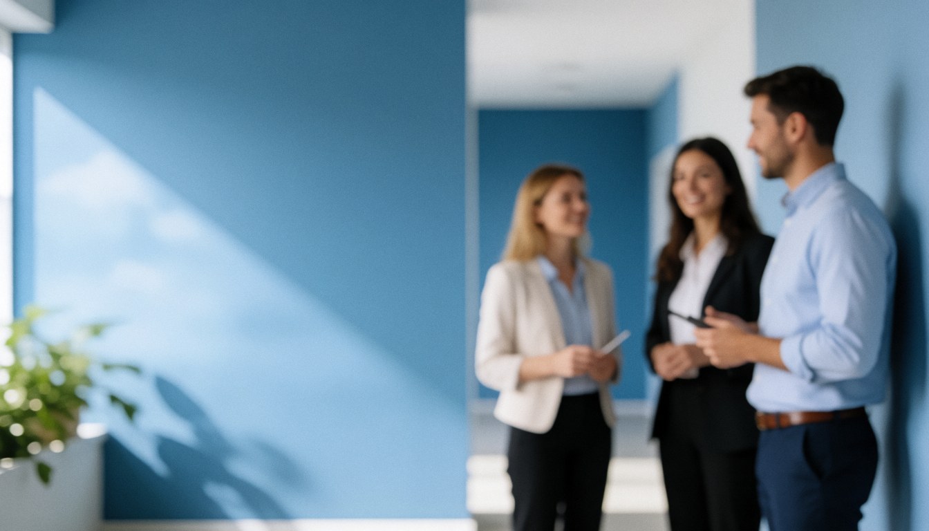 A blurred view of a modern office corridor featuring blue walls and natural light, creating a professional background for business and human resources content.