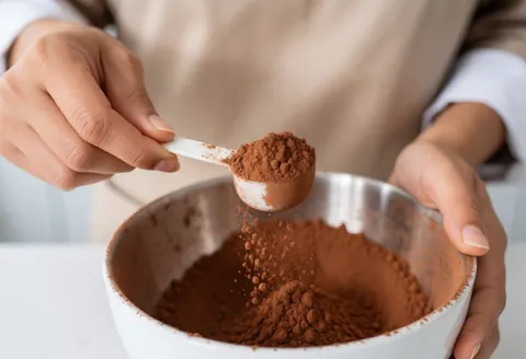 Close-up of a cook's hands using a spoon to measure cocoa powder in a white bowl within a clean, well-lit kitchen setting.