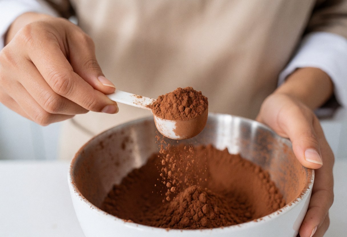 Close-up of a cook's hands using a spoon to measure cocoa powder in a white bowl within a clean, well-lit kitchen setting.