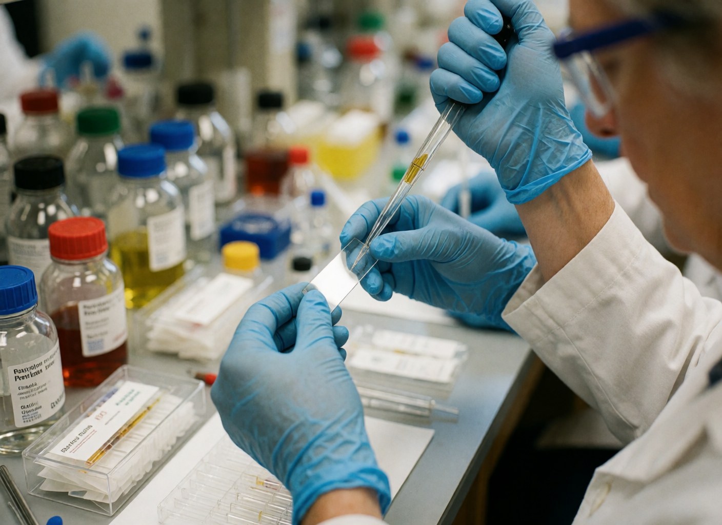 Hands wearing blue gloves use a pipette to place a drop on a slide in a clinical laboratory setting