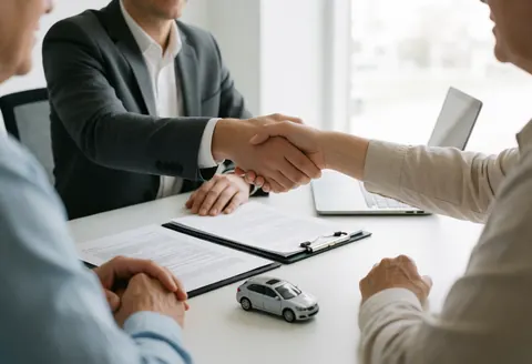 Insurance agent and client signing a contract at a desk with a car model, laptop, and documents in a professional office setting.