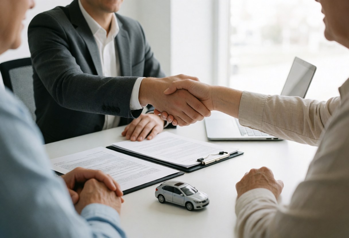 Insurance agent and client signing a contract at a desk with a car model, laptop, and documents in a professional office setting.
