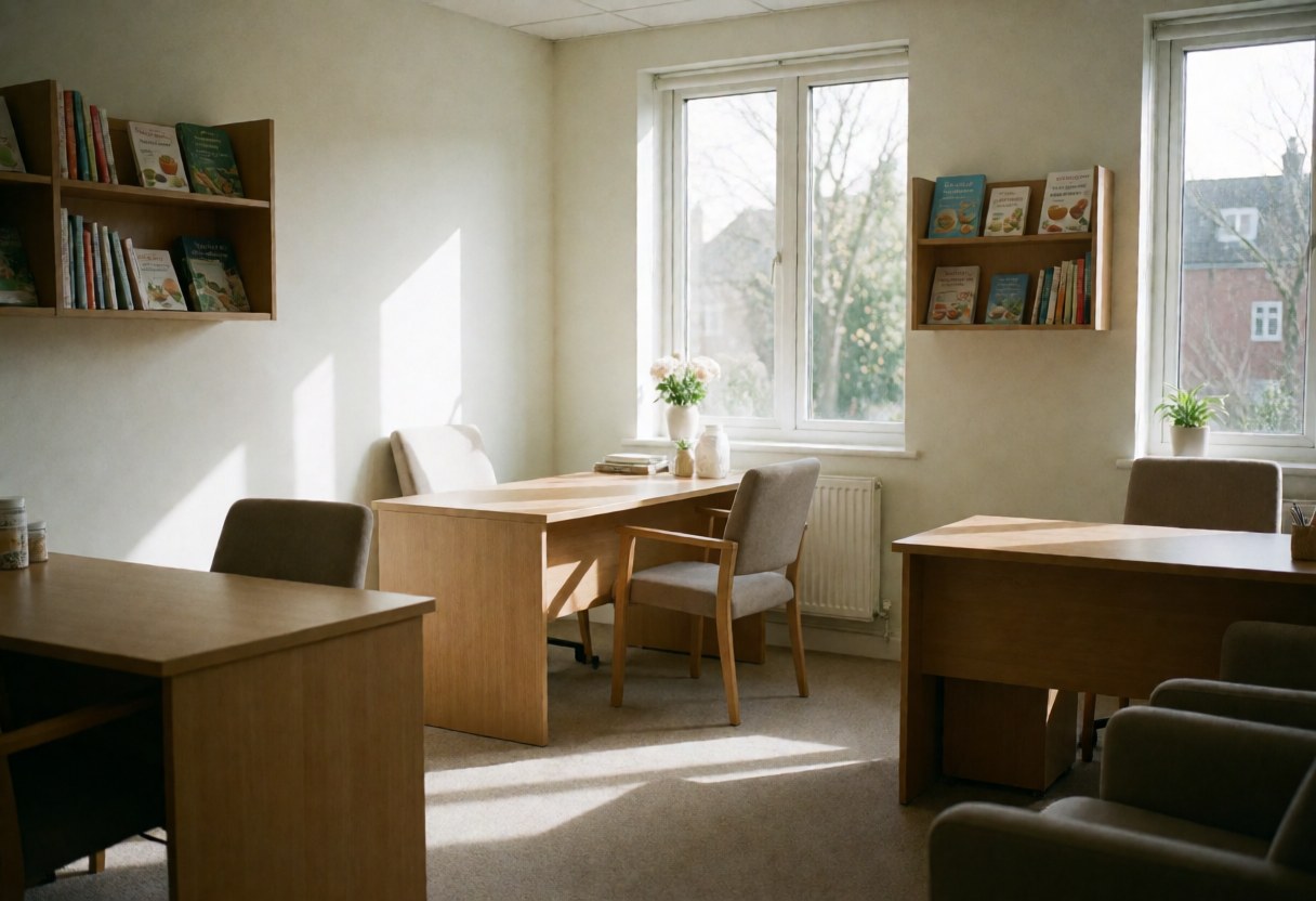A spacious nutrition consultation room featuring wooden tables, chairs, and bookshelves filled with books, illuminated by natural light from large windows.