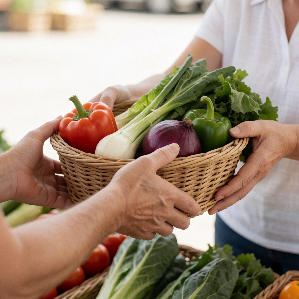 Hands handing a basket of fresh peppers, onions, and lettuce to a customer at an outdoor market under bright natural light.