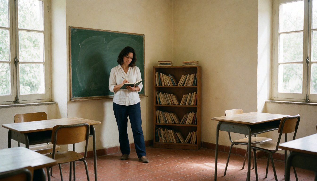 A peaceful and inviting classroom interior with wooden furniture, bookshelves, and natural light, ideal for a language school website.