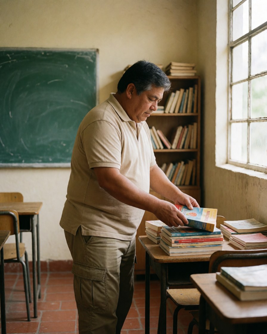 A male teacher stands at a desk organizing textbooks and materials in a language school classroom with natural light and a whiteboard in the background