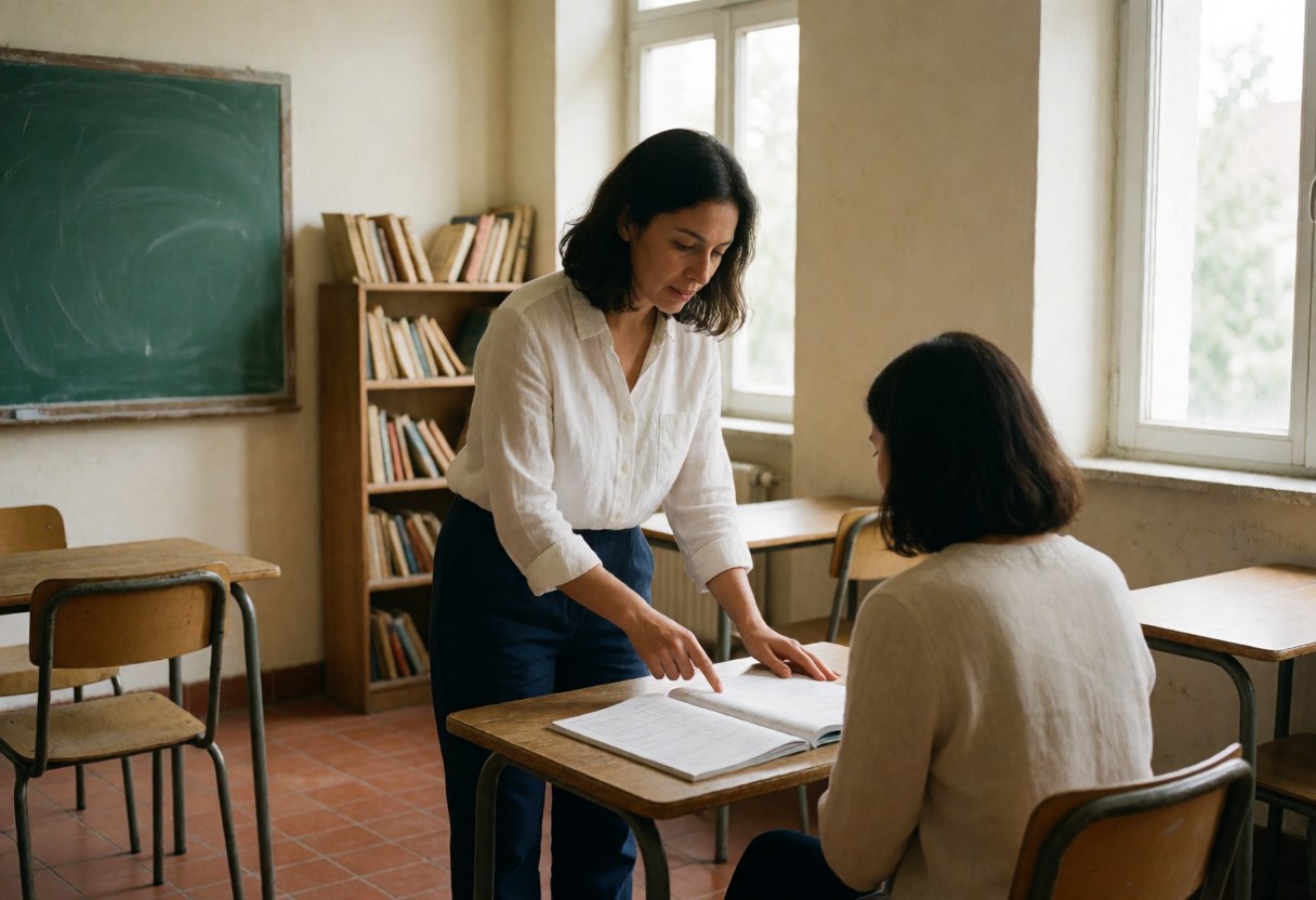 A teacher provides personalized attention to a student during a language lesson, with books, a whiteboard, and natural light visible in the classroom.