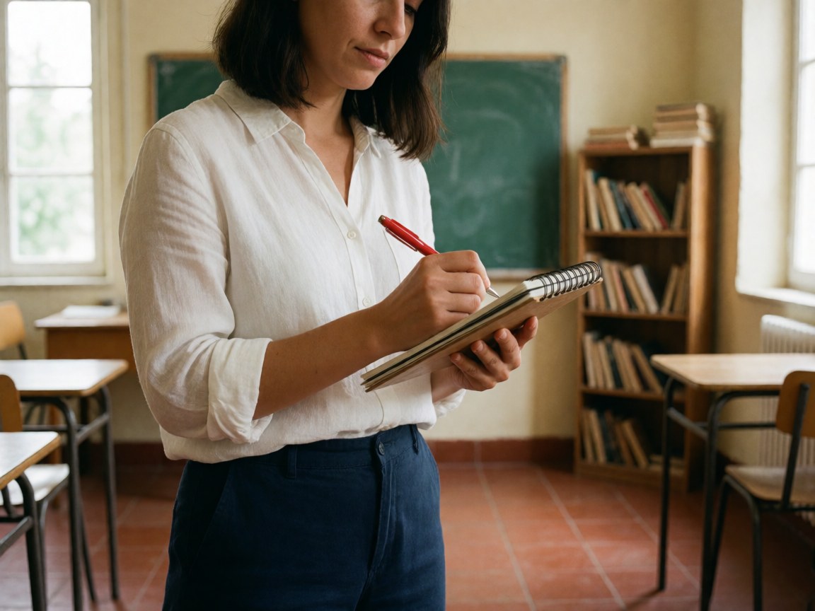 Close-up view of a notebook and pencil on a wooden desk in a language school classroom with natural light from a window