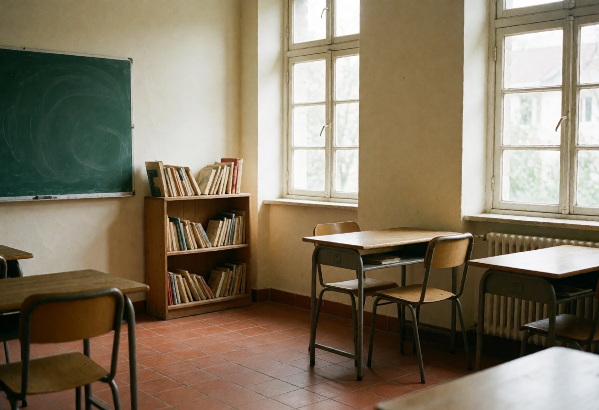 Bright empty classroom featuring a green chalkboard, wooden bookshelves, and desks, suitable for a language school storefront or interior design.