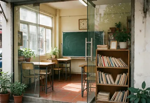 Exterior of a language school featuring a green chalkboard, bookshelf, tables, chairs, and terracotta flooring illuminated by natural light.