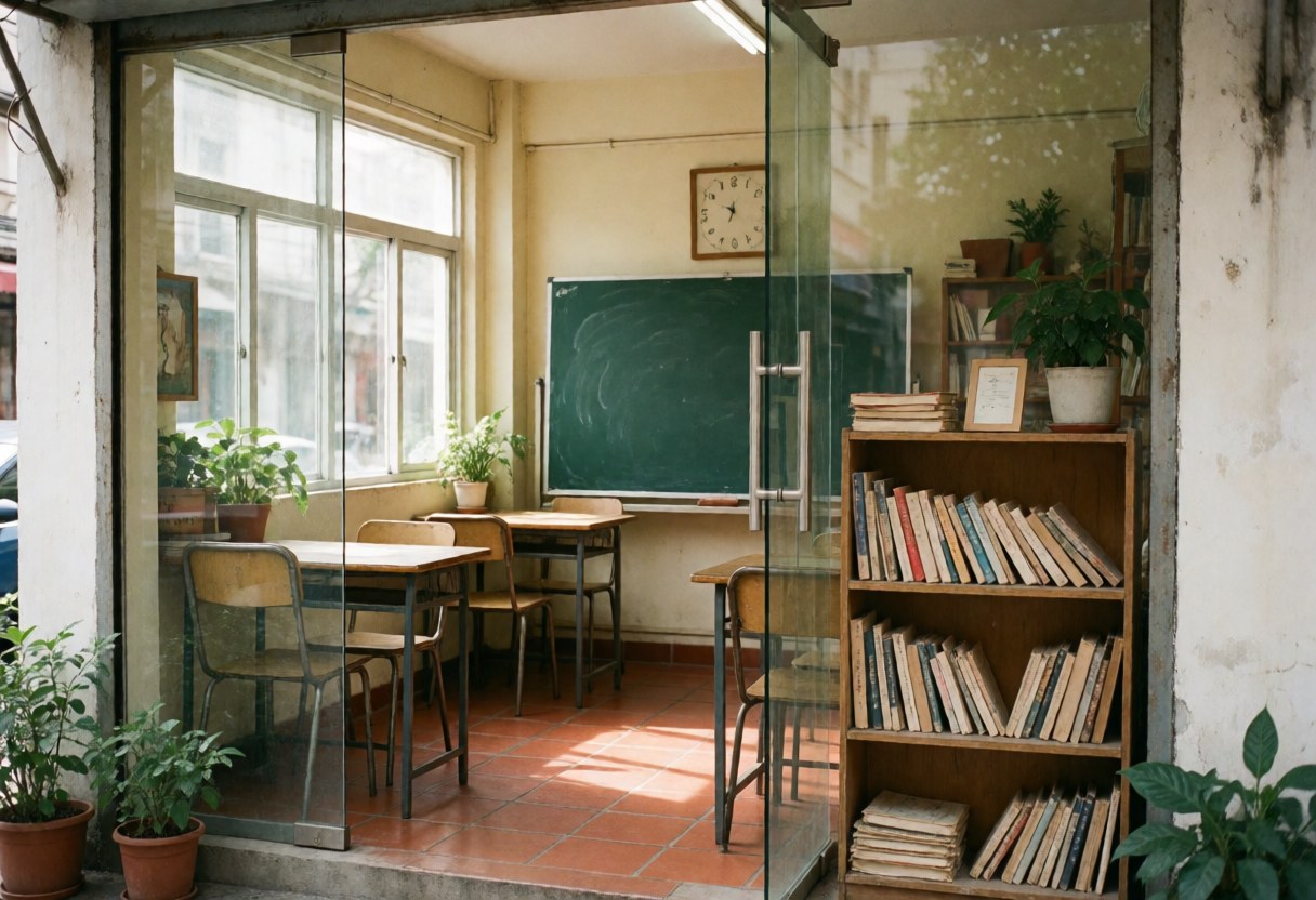 Exterior of a language school featuring a green chalkboard, bookshelf, tables, chairs, and terracotta flooring illuminated by natural light.