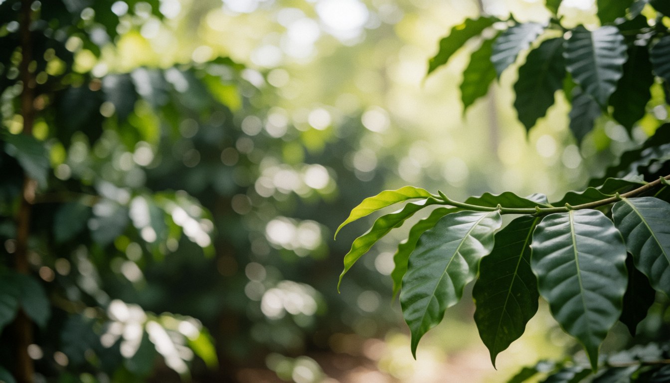 Close-up view of vibrant green coffee leaves with natural light and soft shadows, creating a textured background suitable for text overlay in coffee and cacao farm contexts.