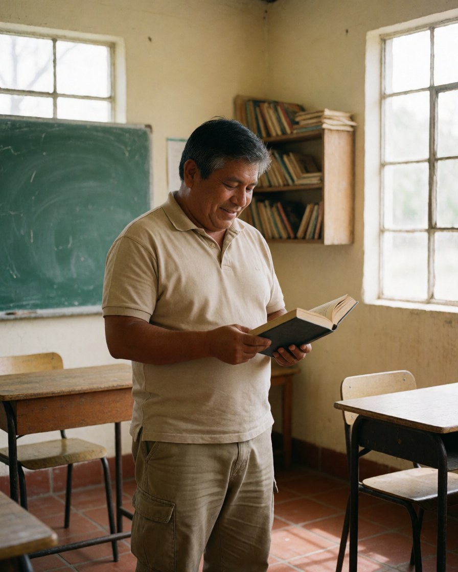A smiling student sits at a desk in a bright classroom, enjoying reading a book with shelves and a whiteboard in the background