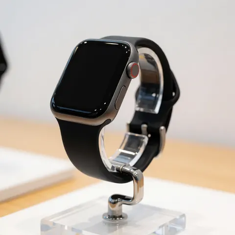 A sleek black smartwatch with a silver case resting on a clear glass display stand in a technology store setting.