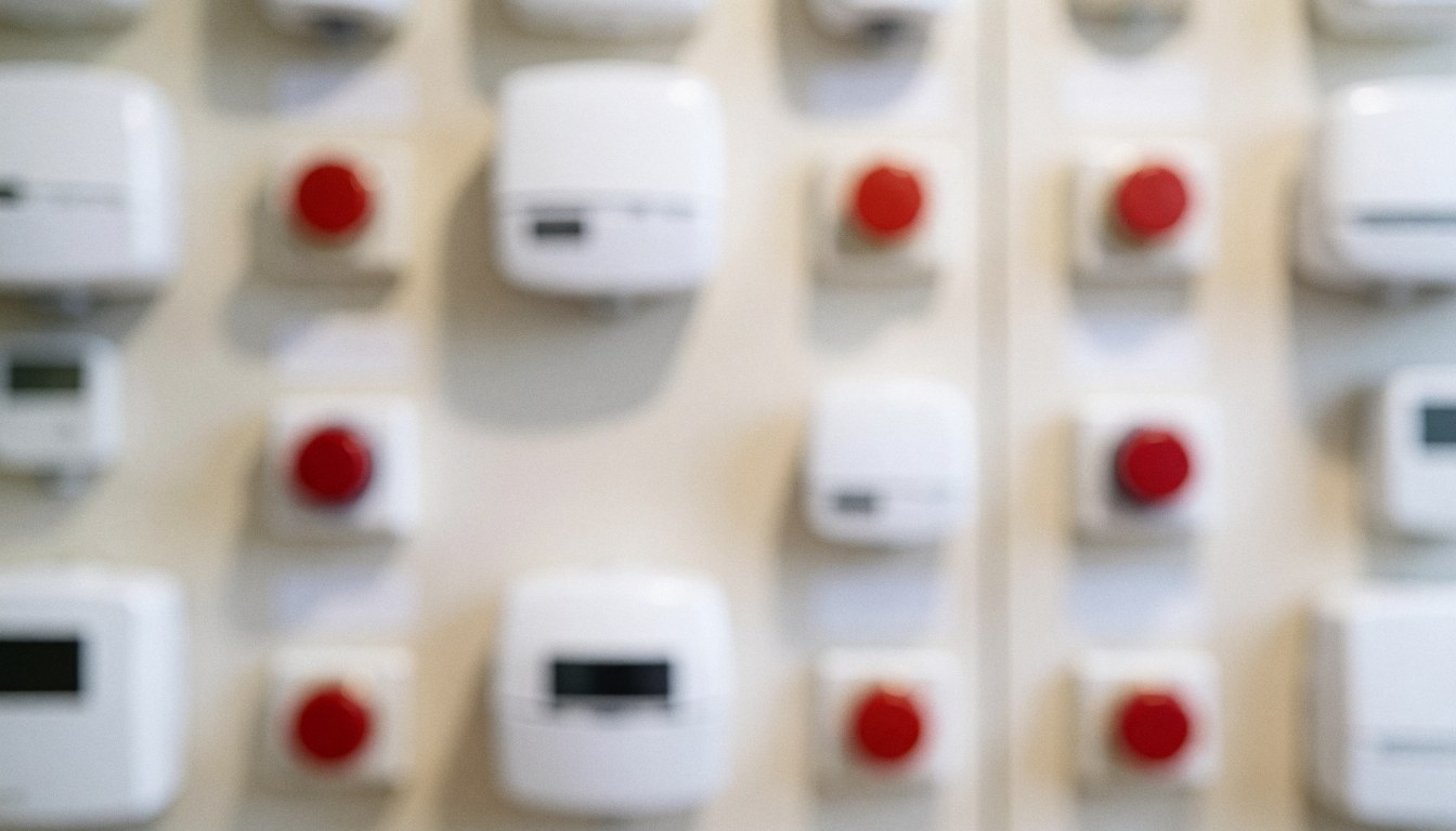 Abstract security background featuring red buttons and white detectors, suitable for commercial and professional text overlays.