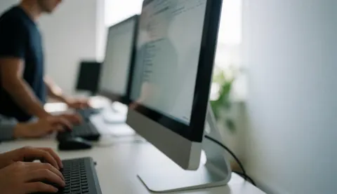 Abstract technology background with blurred computer screen, keyboard, and hands for HR text overlay