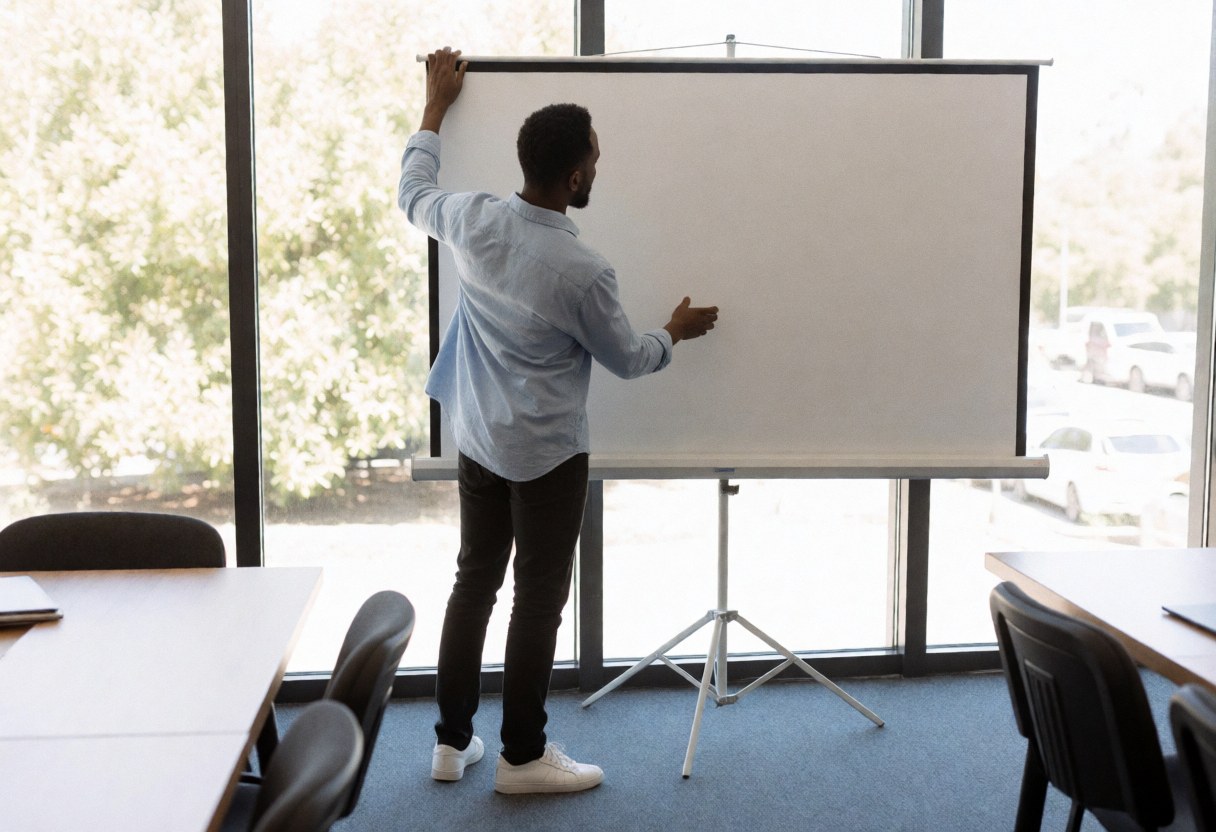 Back view of a man adjusting a large presentation screen in a bright, modern meeting room with natural light.