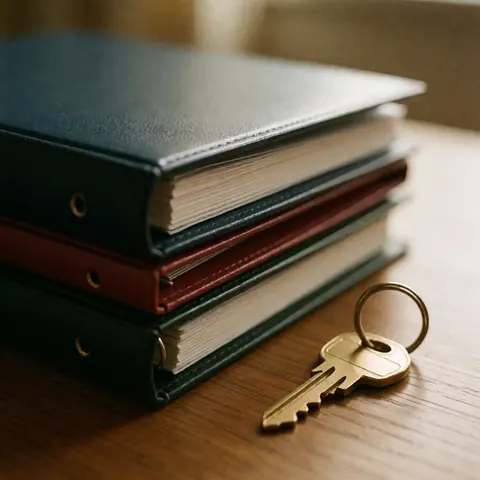 A set of insurance policy documents and a metal key placed on a dark wooden desk alongside colorful file folders.