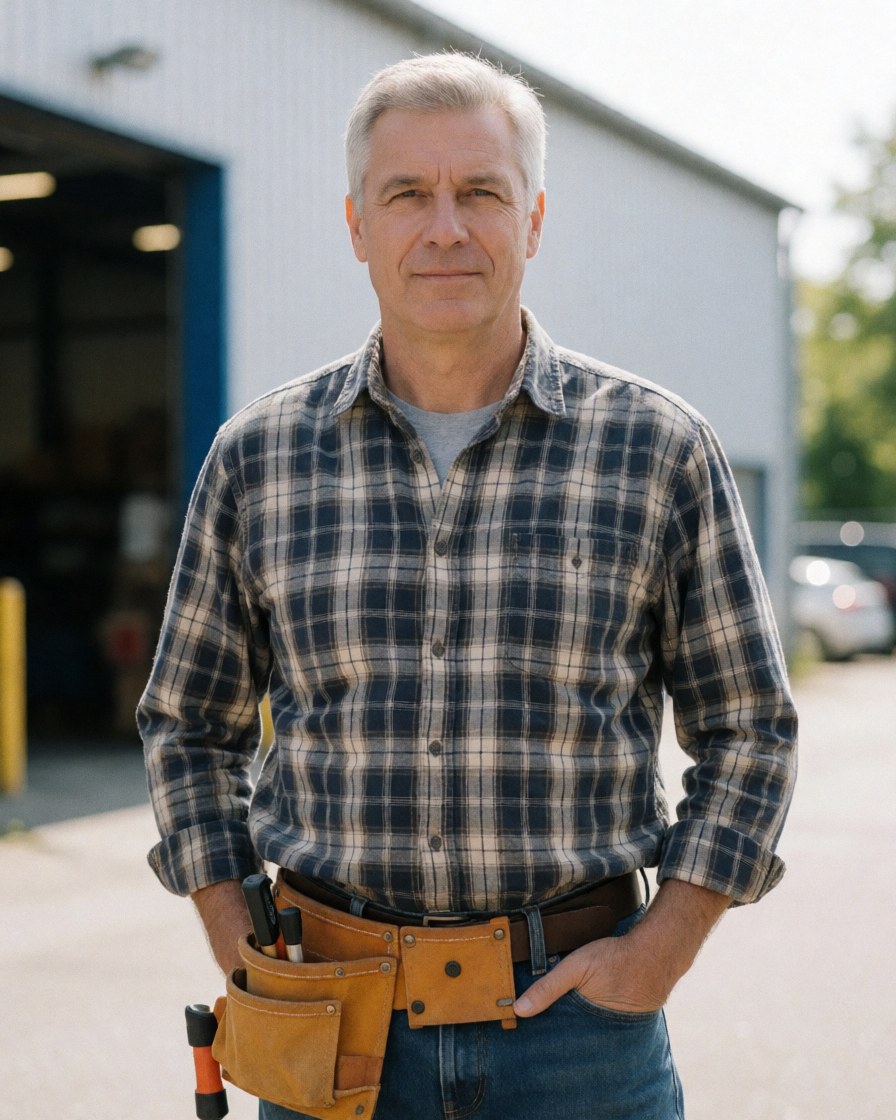 Professional engineer wearing a tool belt and plaid shirt stands facing the camera with a blurred warehouse background.