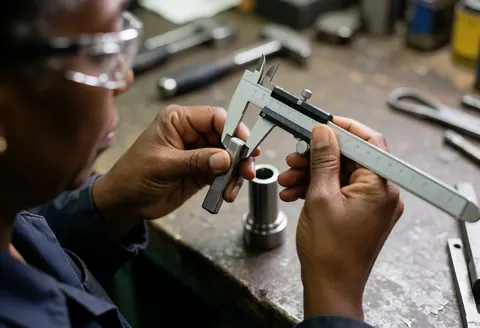Close-up view of a worker using a caliper to measure a metal component during a quality control inspection in a factory setting