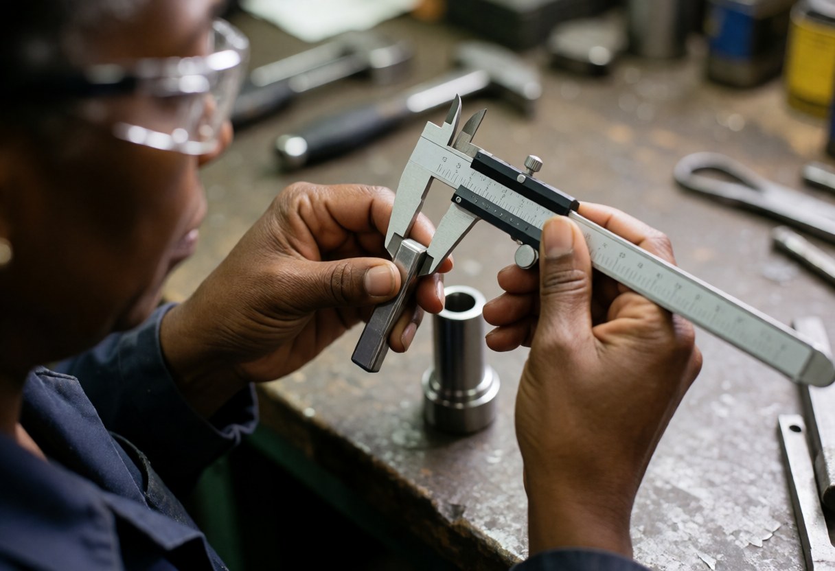 Close-up view of a worker using a caliper to measure a metal component during a quality control inspection in a factory setting