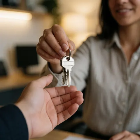 Close-up of hands exchanging keys between a professional and a client in a warmly lit office, symbolizing secure access and trust.