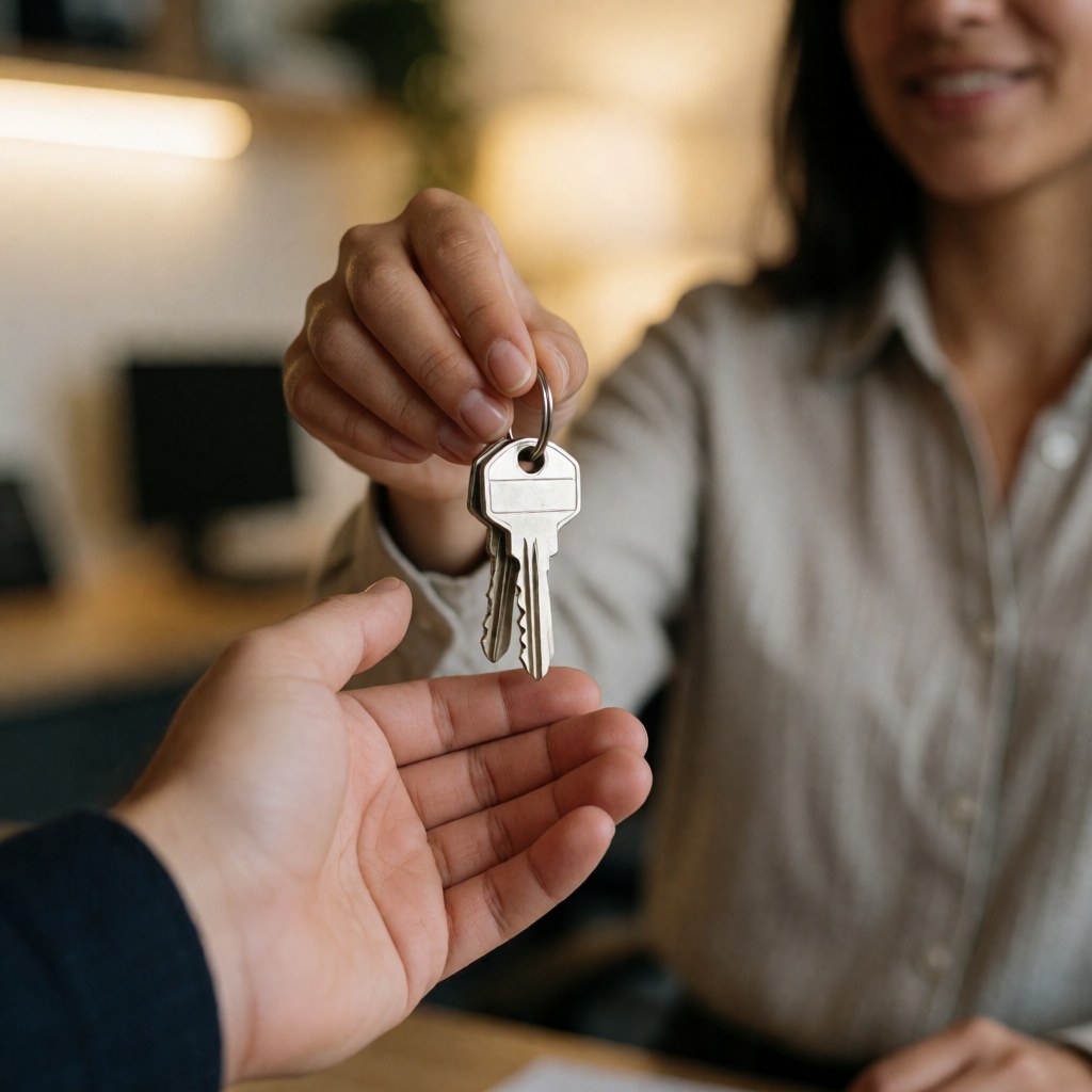 Close-up of hands exchanging keys between a professional and a client in a warmly lit office, symbolizing secure access and trust.