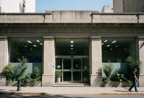 Stone facade of an insurance building featuring glass doors and greenery under a clear sunny sky