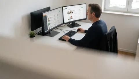 Man working on computer with online courses on screen in minimalist office with text space below