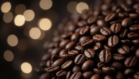 Dark abstract background featuring roasted coffee beans and cacao with soft bokeh lighting effects suitable for business text overlays