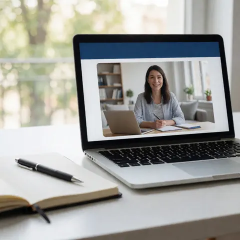 A laptop displaying digital training content sits on a clean office desk alongside a notebook and pen, illustrating remote learning and professional development.