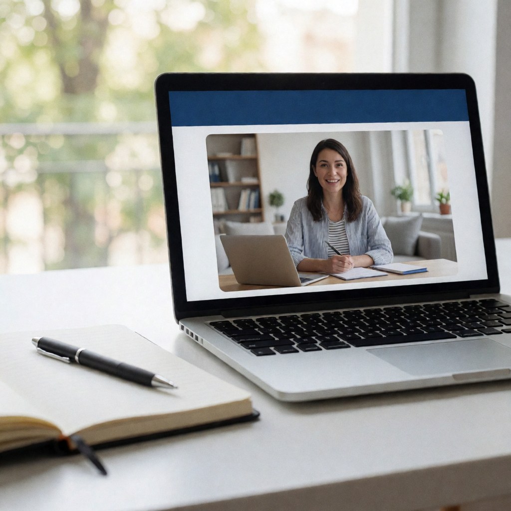 A laptop displaying digital training content sits on a clean office desk alongside a notebook and pen, illustrating remote learning and professional development.