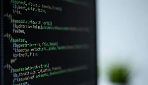 Green programming code displayed on a black monitor with a soft focus effect, serving as a professional background for software and startup content.