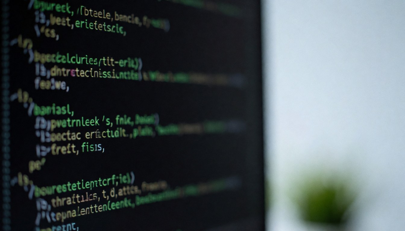 Green programming code displayed on a black monitor with a soft focus effect, serving as a professional background for software and startup content.