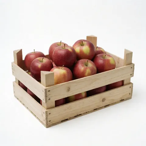 A single red apple sits inside a rustic wooden crate, showcasing fresh produce for agricultural or grocery store marketing.