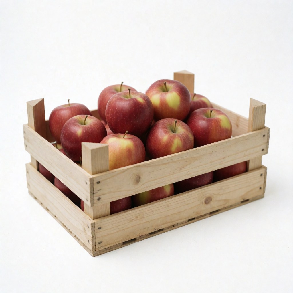 A single red apple sits inside a rustic wooden crate, showcasing fresh produce for agricultural or grocery store marketing.